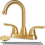Nacario Soka 2 Kulplu Banyo Bataryası Altın, 10 cm Altın Banyo Lavabo Bataryası Kaldırma Çubuğu Tahliye Durdurucu ve Besleme Hortumları Ile, Rv Banyo Bataryası 3 Delikli, Fırçalanmış Altın Banyo Bataryası