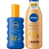 Nacario Sun SPF50 Güneş Koruyucu Vücut Spreyi 200ML ve Q10 Sıkılaştırıcı Bronzlaştırıcı Vücut Losyonu 250ML