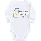 Nacario Unisex Bebek Beyaz Herşeyin Başı Süt Baskılı Uzun Kollu Çıtçıtlı Body 1232EBB