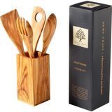 Nacario Zeytin Ağacı El Yapımı 5 Parça Mutfak Seti, Ahşap Kutu, Kaşık, Çatal, Spatula, Delikli Spatula, 30 Cm.