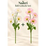 Naderi Çiçeği 2 Adet Yapay Gelincik Dalı 60 cm Beyaz ve Açık Pembe Her Dal 4 Çiçekli Saksısız İkili Set