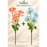 Naderi Çiçeği 2 Adet Yapay Gelincik Dalı 60 cm Kırmızı Krem ve Mavi Her Dal 4 Çiçekli Saksısız İkili Set