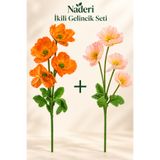 Naderi Çiçeği 2 Adet Yapay Gelincik Dalı 60 cm Turuncu ve Bej Pembe Her Dal 4 Çiçekli Saksısız İkili Set