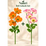 Naderi Çiçeği 2 Adet Yapay Gelincik Dalı 60 cm Turuncu ve Pembe Krem Her Dal 4 Çiçekli Saksısız İkili Set