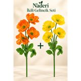 Naderi Çiçeği 2 Adet Yapay Gelincik Dalı 60 cm Turuncu ve Sarı Her Dal 4 Çiçekli Saksısız İkili Set