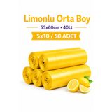 naft Büzgülü Orta Boy Limon Kokulu Çöp Torbası 10'lu 5 Rulo 55x60 Çöp Poşeti 40 Litre