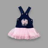 Najmaddin Baby 2-3-4 Yaş Fiyonklu Düğme Detaylı Tül Etek Kot Kumaş Salopet Kız Çocuk Elbisesi Lacivert - Lacivert-Pembe - 3 Yaş