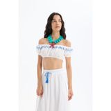 Nakış Detaylı Balon Kol Crop Bluz Ekru