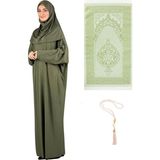 Namaz Elbisesi Eşarp Seccade Tesbih Set, Islami Giyim Takım Ferace Turban Şal - Haki - Standart