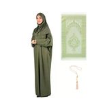 Namaz Elbisesi Eşarp Seccade Tesbih Set, İslami Giyim Takım Ferace Turban Şal Haki Tek Ebat