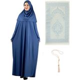 Namaz Elbisesi Eşarp Seccade Tesbih Set, Islami Giyim Takım Ferace Turban Şal - Indigo - Standart