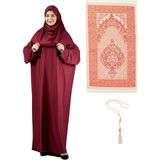 Namaz Elbisesi Eşarp Seccade Tesbih Set, Islami Giyim Takım Ferace Turban Şal - Kırmızı - Standart