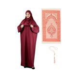 Namaz Elbisesi Eşarp Seccade Tesbih Set, İslami Giyim Takım Ferace Turban Şal Kırmızı Tek Ebat