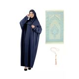 Namaz Elbisesi Eşarp Seccade Tesbih Set, İslami Giyim Takım Ferace Turban Şal Koyu Lacivert Tek Ebat