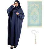 Namaz Elbisesi Eşarp Seccade Tesbih Set, Islami Giyim Takım Ferace Turban Şal - Lacivert - Standart