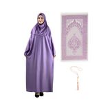 Namaz Elbisesi Eşarp Seccade Tesbih Set, İslami Giyim Takım Ferace Turban Şal Lila Tek Ebat