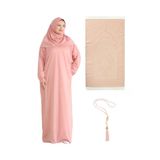 Namaz Elbisesi Eşarp Seccade Tesbih Set, İslami Giyim Takım Ferace Turban Şal Powder Pink Tek Ebat