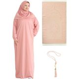 Namaz Elbisesi Eşarp Seccade Tesbih Set, Islami Giyim Takım Ferace Turban Şal - Pudra - Standart