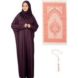 Namaz Elbisesi Eşarp Seccade Tesbih Set, Islami Giyim Takım Ferace Turban Şal - Vişne - Standart