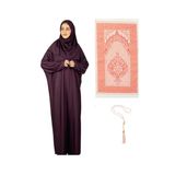 Namaz Elbisesi Eşarp Seccade Tesbih Set, İslami Giyim Takım Ferace Turban Şal Vişne Tek Ebat