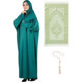 Namaz Elbisesi Eşarp Seccade Tesbih Set, Islami Giyim Takım Ferace Turban Şal - Yeşil - Standart