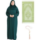 Namaz Elbisesi Eşarp Seccade Tesbih Set, Islami Giyim Takım Ferace Turban Şal - Zümrüt - Standart