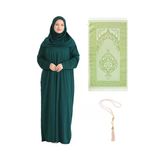 Namaz Elbisesi Eşarp Seccade Tesbih Set, İslami Giyim Takım Ferace Turban Şal Zümrüt Tek Ebat