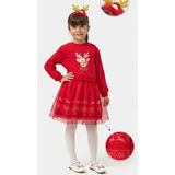 Name Baby & Kids Kız Çocuk Oh Deer Tüllü Baskılı Yılbaşı Elbisesi NBK-24909 - 5 Yaş - Kırmızı