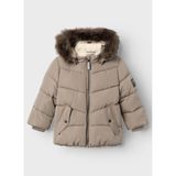 name ıt Erkek Çocuk Kahverengi Puffer Mont, Fermuarlı Yaka, Kürk Detaylı Kapüşonlu, 1-2 Yaş