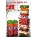 Nandy Home 15 Parça Saklama Kabı Seti - 1lt, 2lt ve 1,5lt. Saklama Kabı Seti - Difrizde Kullanıma Uygun - 4 lt