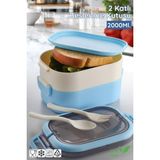 Nandy Home 2 Katlı Lunch Box Beslenme Kutusu - Yemek Saklama ve Taşıma Kabı (Çatal Kaşık Dahil) - Mavi