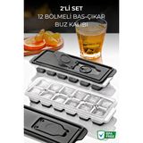 Nandy Home 2'li Set 12 Bölmeli Bas-Çıkar Buz Kalıbı - Kapaklı Silikon Tabanlı Buzluk - Antrasit
