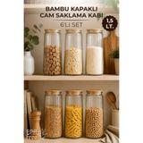 Nandy Home 6’lı 1,5 Lt Bambu Kapaklı Çizgili Cam Saklama Kabı Seti – Cam Kavanoz