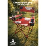 Nandy Home Desenli Katlanabilir Kamp Sandalyesi - Bardak Tutuculu-Telefon Bölmeli-Taşınabilir Outdoor Sandalye - Metal - Kırmızı