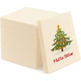 NapkinStore Kumaş Dokulu Bej Yılbaşı Mutlu Yıllar Ağacı Baskılı Peçete 12'li