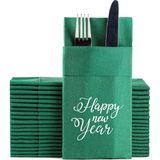NapkinStore Kumaş Dokulu Happy New Year Baskılı Yeşil Cepli Peçete 6'lı