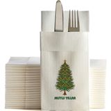 NapkinStore Kumaş Dokulu Mutlu Yıllar Yılbaşı Ağacı Baskılı Beyaz Cepli Peçete 6'lı