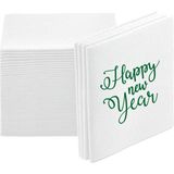 NapkinStore Kumaş Dokulu Yeşil Happy New Year Baskılı Beyaz Peçete 12'li