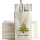 NapkinStore Kumaş Dokulu Yılbaşı Ağacı Baskılı Beyaz Cepli Peçete 6'lı