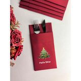NapkinStore Kumaş Dokulu Yılbaşı Ağacı Baskılı Bordo Cepli Peçete 6'lı