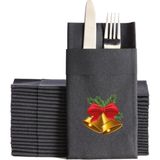 NapkinStore Kumaş Dokulu Yılbaşı Çan Baskılı Siyah Cepli Peçete 6'lı
