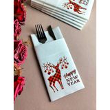 NapkinStore Kumaş Dokulu Yılbaşı Deer Happy New Year Baskılı Beyaz Peçete 6'lı