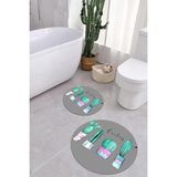 Napoli Home Baskılı Yıkanabilir Kaymaz Kaktüs Model Yuvarlak Banyo Paspası Klozet Takımı, Klozet-76-Gri,