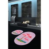 Napoli Home Dijital Baskılı Kaymaz Taban Yıkanabilir Oval Banyo Takımı Klozet Takımı, N-O-Klozet-30-Pembe, - Renkli - Paspas