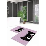 Napoli Home Dijital Baskılı Kaymaz Yıkanabilir Kedi Desen Ikili Banyo Takımı Klozet Takımı, N-Klozet-40-Pembe,