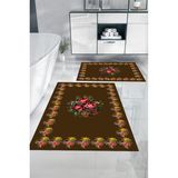 Napoli Home Dijital Baskılı Yıkanabilir Çerçeveli Çiçek Desenli Banyo Paspası Klozet Takımı, Klozet-100-Kahve, - Kahverengi