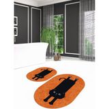 Napoli Home Dijital Kaymaz Yıkanabilir Kedi Desen Oval Banyo Takımı Klozet Takımı, N-O-Klozet-39-Turuncu, - Renkli - Paspas
