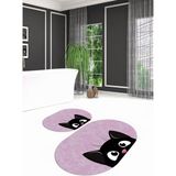 Napoli Home Dijital Kaymaz Yıkanabilir Kedi Desen Oval Banyo Takımı Klozet Takımı, N-O-Klozet-40-Pembe, - Renkli - Paspas