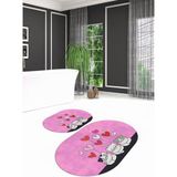 Napoli Home Dijital Kaymaz Yıkanabilir Kedi Desen Oval Banyo Takımı Klozet Takımı, N-O-Klozet-42-Pembe, - Renkli - Paspas