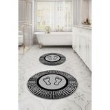 Napoli Home Dijital Yıkanabilir Çerçeveli Ayak Baskılı Yuvarlak Banyo Paspası Klozet Takımı, Klozet-52-Gri,
